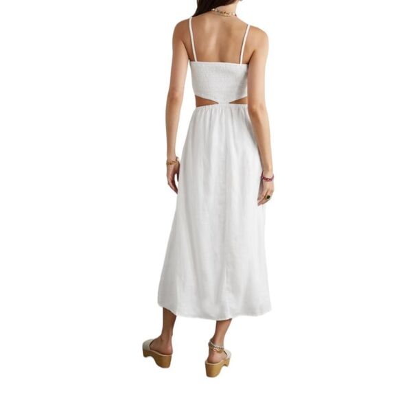 Faithfull the Brand Linen Smocked‎ Tayari Midi Beachy Dress Women's 8 White NWT - Picture 3 of 16